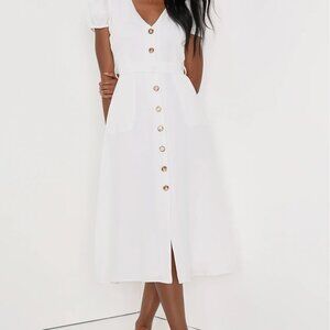 White Button-Front Puff Sleeve Midi Dress
